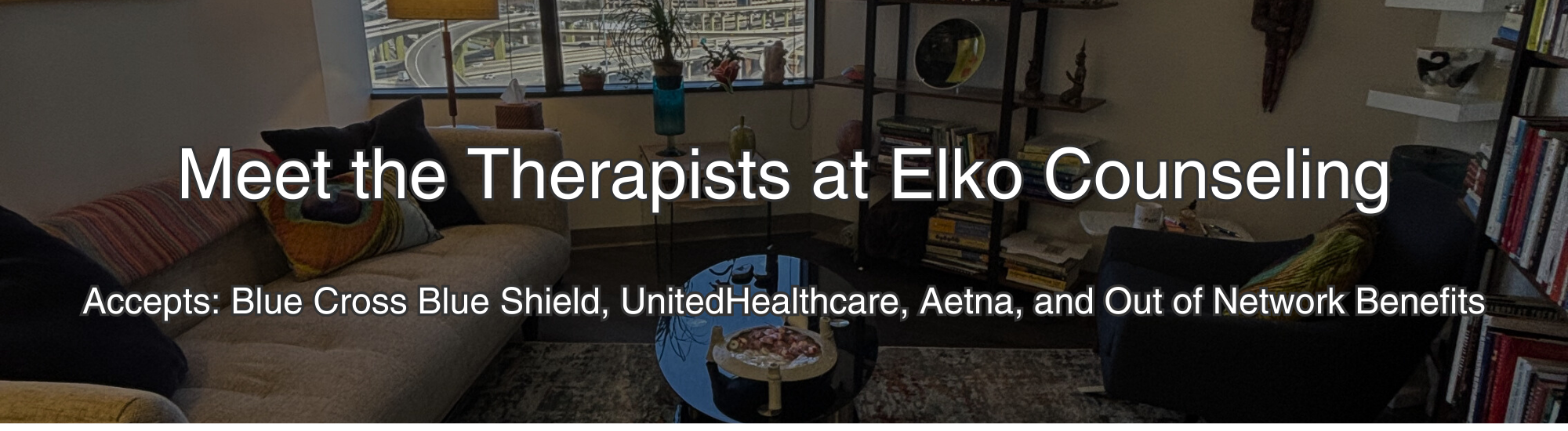 A warm, professionally decorated counseling office with cozy seating, bookshelves, soft lighting, and a window overlooking a railway track, representing Elko Counseling’s welcoming therapy environment in Dallas and virtual services across Texas.